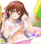  1girl :q bikini blush breasts brown_eyes brown_hair fingernails grass hair_ribbon hand_up head_tilt heart holding holding_water_gun looking_at_viewer medium_breasts navel original pink_bikini pink_nails pink_ribbon reclining ribbon see-through shirt smile solo swimsuit tied_shirt tongue tongue_out two_side_up umakuchi_shouyu untied untied_bikini wading_pool water_gun wet wet_clothes wet_shirt white_shirt 