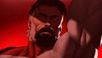  1boy absurdres bara beard black_hair closed_mouth commentary english_commentary facial_hair hand_up highres invincible_(series) looking_at_viewer male_focus omniman red_background red_theme sideburns solo sotcho upper_body 