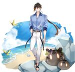  1boy alternate_costume bangs beach black_hair blue_shirt brown_hair bug butterfly closed_mouth cloud cloudy_sky collared_shirt conch day earrings english_commentary eyeliner eyeshadow full_body genshin_impact gradient_hair hair_between_eyes hand_in_pocket highres insect jewelry long_hair long_pants looking_at_viewer makeup male_focus multicolored_hair ocean outdoors pants ponytail red_eyeshadow rock sand shell shirt simple_background single_earring sky sleeves_rolled_up slime_(creature) slime_(genshin_impact) slippers smile solo standing sushisalmon95 symbol_commentary tassel tassel_earrings water white_background yellow_eyes zhongli_(genshin_impact) 