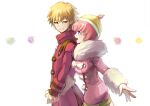  1boy 1girl :d andou_ruruka bangs blonde_hair blue_eyes breasts coat couple danganronpa_(series) danganronpa_3_(anime) from_side fur-trimmed_jacket fur_trim green_shorts hat holding_hands izayoi_sounosuke jacket looking_at_another medium_breasts open_mouth pink_hair red_eyes short_hair shorts simple_background smile upper_teeth white_background winter_clothes youko-shima 