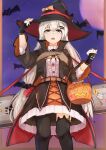  1girl absurdres asymmetrical_legwear bangs bat black_gloves black_legwear bucket eyebrows_visible_through_hair feet_out_of_frame fingerless_gloves girls_frontline gloves grey_eyes halloween halloween_bucket halloween_costume hand_on_headwear hat highres holding holding_bucket long_hair looking_up moon muteppona_hito night night_sky open_mouth silver_hair sky solo standing svd_(girls_frontline) thighhighs weapon_case witch_hat 