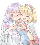  2girls :o alice_margatroid arnest bangs blonde_hair blue_bow blue_dress blunt_bangs blush bob_cut bow bowtie bright_pupils capelet commentary_request crescent crescent_hair_ornament dress embarrassed frilled_hairband frilled_sleeves frills furrowed_eyebrows hair_bow hair_ornament hairband happy heart heart_hands heart_hands_duo highres lolita_hairband long_hair long_sleeves looking_away looking_to_the_side multiple_girls no_hat no_headwear nose_blush one_eye_closed open_mouth pajamas patchouli_knowledge purple_dress purple_eyes purple_hair red_bow red_hairband red_neckwear red_sash sash shiny shiny_hair short_hair sideways_glance simple_background smile striped striped_dress touhou vertical-striped_dress vertical_stripes white_background white_capelet white_dress white_pajamas white_pupils wide_sleeves wing_collar wrist_cuffs 