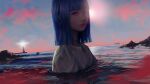  1girl album_cover bangs blue_eyes blue_hair blue_sky blunt_bangs boat choker closed_mouth cloud commentary cover day english_commentary highres jewelry lighthouse looking_at_viewer necklace ocean original outdoors partially_submerged petals petals_on_liquid rock sky solo sun wataboku watercraft 