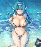  1girl bikini blue_eyes blue_hair breasts collarbone commentary_request generic_ooban_yaki gold_bikini hairband highres large_breasts looking_at_viewer navel original robot_ears sitting solo swimsuit water wet white_hairband y-0_(generic_ooban_yaki) 