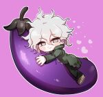  1boy bangs blush_stickers chibi commentary_request danganronpa_(series) danganronpa_2:_goodbye_despair eggplant full_body gwanlamcha heart hood hood_down komaeda_nagito long_sleeves looking_at_viewer lying male_focus messy_hair object_hug on_stomach outline pants pink_background shoes silver_hair simple_background smile solo white_hair white_outline 