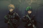  2boys absurdres alternate_costume bakugou_katsuki bangs black_gloves black_jacket blonde_hair boku_no_hero_academia commentary_request cowboy_shot fingerless_gloves freckles gloves green_eyes green_hair gun hand_in_pocket highres holding holding_gun holding_weapon jacket light_particles load_bearing_vest long_sleeves male_focus midoriya_izuku modo_(modo_s2) multiple_boys night outdoors red_eyes rifle short_hair sniper_rifle spiked_hair tactical_clothes weapon 