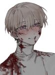  1boy blood blood_on_face bloody_clothes blush buttoniris commentary ear_blush english_commentary grey_hair grey_shirt hair_between_eyes looking_at_viewer male_focus nose_blush original purple_eyes shirt short_hair simple_background smile solo white_background 