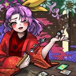  2girls bangs blush card highres holding holding_pipe howhow_notei japanese_clothes kimono kiseru komakusa_sannyo long_hair looking_at_another looking_at_viewer money multiple_girls nail_polish open_mouth pipe purple_hair purple_nails red_eyes red_kimono red_robe ribbon solo_focus table touhou yellow_ribbon yorigami_jo&#039;on 