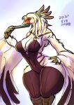  2021 anthro avian bird breasts cleavage clothed clothing feathers female hand_on_hip legwear ni_jikan non-mammal_breasts simple_background solo thick_thighs thigh_highs white_background white_body white_feathers wide_hips 