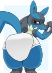  2021 anthro black_body black_fur blue_body blue_fur butt diaper fur hand_spike hi_res looking_back lucario nintendo nyanyakotarou pok&eacute;mon pok&eacute;mon_(species) raised_tail red_eyes simple_background solo tan_body tan_fur video_games 