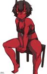  1girl bare_legs between_legs black_bra black_hair black_panties bra breasts cleavage closed_mouth colored_skin hand_between_legs horns jitome kidouko_(zakusi) medium_breasts oni oni_horns original panties red_oni red_skin short_hair signature simple_background slit_pupils solo spread_legs stool symbol_commentary tiptoes toenails underwear white_background yellow_eyes zakusi 