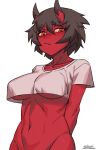 1girl arms_behind_back black_hair bottomless breasts closed_mouth colored_skin cropped_shirt groin horns kidouko_(zakusi) looking_at_viewer medium_breasts navel oni oni_horns original out-of-frame_censoring red_oni red_skin shirt short_hair short_sleeves signature simple_background slit_pupils solo underboob white_background white_shirt yellow_eyes zakusi 