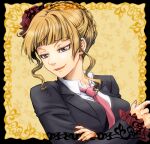  1girl bangs beatrice_(umineko) blazer blonde_hair blue_eyes blunt_bangs braid braided_bun collared_shirt flower hair_flower hair_ornament homura_kumi jacket necktie official_alternate_costume shirt solo umineko_no_naku_koro_ni vest 