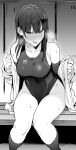  1girl absurdres blush breasts competition_swimsuit fang full-face_blush greyscale highres large_breasts long_hair looking_at_viewer monochrome one-piece_swimsuit original reido1177 sitting skin_fang socks solo sweat swimsuit thighs 