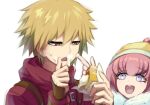  1boy 1girl :d andou_ruruka bangs blonde_hair coat cream danganronpa_(series) danganronpa_3_(anime) eating eyebrows_visible_through_hair food food_on_face fur_collar green_headwear hair_between_eyes hat izayoi_sounosuke long_sleeves looking_at_another open_mouth pink_hair red_coat red_eyes shiny shiny_hair short_hair simple_background smile upper_body white_background youko-shima 