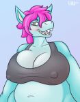  2019 absurd_res anthro belly big_belly big_breasts breasts cleavage clothed clothing fan_character fangs female fish green_body green_skin hair half-length_portrait hi_res hirurux humanoid_pointy_ears looking_at_viewer marine midriff navel nipple_outline non-mammal_breasts open_mouth overweight overweight_anthro overweight_female pink_hair portrait shark signature solo teeth tongue yellow_eyes 