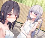  2girls bamboo bamboo_forest bangs black_hair blunt_bangs blush breasts closed_mouth collarbone commentary_request covering day eyebrows_visible_through_hair fence forest grey_hair hair_between_eyes hand_in_hair hand_up long_hair multiple_girls nature nude_cover onsen original outdoors parted_lips purple_eyes red_eyes small_breasts tokuno_yuika towel upper_body very_long_hair wet wet_hair 