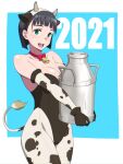  1girl 2021 :d animal_costume animal_ears animal_print bangs bare_shoulders bell black_hair black_leotard blue_background breasts cleavage collarbone commentary_request cow_ears cow_girl cow_print cow_tail elbow_gloves fake_animal_ears fake_horns gloves green_eyes hair_ornament highleg highleg_leotard holding horns kirigaya_suguha large_breasts leotard looking_at_viewer neck_bell new_year open_mouth pantyhose playboy_bunny_leotard puge short_hair smile solo strapless strapless_leotard sword_art_online tail upper_teeth white_background 