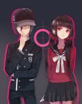  arms_behind_back black_hair black_jacket danganronpa_(series) danganronpa_v3:_killing_harmony hand_on_own_face harukawa_maki hat highres jacket knife long_hair looking_at_another outline red_eyes red_ribbon ribbon saihara_shuuichi sailor_collar sailor_shirt shirt skirt striped toto vertical_stripes yellow_eyes 