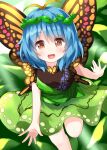  1girl antennae bangs blue_hair butterfly_wings dress eternity_larva eyebrows_visible_through_hair green_dress hair_ornament highres leaf leaf_background leaf_hair_ornament light_rays looking_at_viewer open_mouth orange_eyes ruu_(tksymkw) short_hair short_sleeves single_strap solo touhou wings yellow_wings 