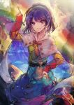  1girl absurdres bangs blue_hair cape dress highres long_sleeves multicolored multicolored_cape multicolored_clothes multicolored_dress multicolored_hairband pointing pointing_down pointing_up purple_eyes rainbow_gradient red_button shometsu-kei_no_teruru short_hair sky_print smile solo tenkyuu_chimata touhou two-sided_cape two-sided_fabric white_cape zipper 