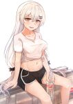 1girl absurdres alcohol bangs black_shorts bottle breasts collarbone eyebrows_visible_through_hair girls_frontline highres holding holding_bottle jewelry long_hair looking_at_viewer medium_breasts muteppona_hito navel open_mouth ring shirt shorts silver_hair sitting sitting_on_object smirnoff_(vodka) solo svd_(girls_frontline) vodka weapon_case white_background white_shirt yellow_eyes 