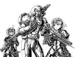  1boy 2girls :o ahoge armor bangs blush doom_(series) doomguy fate/grand_order fate_(series) gauntlets greyscale gun hands_up headpiece helmet highres holding holding_gun holding_weapon jeanne_d&#039;arc_(fate)_(all) monochrome multiple_girls sheath sheathed short_hair standing substance20 sword weapon 