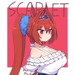  1girl animal_ears antenna_hair bangs blush border bra_strap breasts brown_hair chan_co character_name cleavage closed_mouth commentary_request daiwa_scarlet_(umamusume) eyebrows_visible_through_hair frilled_shirt frills from_side hair_intakes highres horse_ears large_breasts long_hair off-shoulder_shirt off_shoulder outside_border pink_background red_eyes shirt short_sleeves simple_background solo tiara twintails umamusume upper_body v-shaped_eyebrows very_long_hair white_border white_shirt 