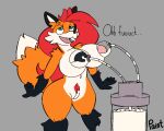  anthro big_breasts bodily_fluids breast_milking breasts canid canine female fox genitals hair ipainthere lactating machine mammal milking_machine orange_body pepper_(sketchytoasty) pubes pussy red_hair solo text 