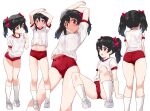  1girl arms_up black_hair buruma gym_shorts gym_uniform highres kurokawa_makoto long_hair looking_at_viewer love_live! love_live!_school_idol_project red_buruma red_eyes shirt shoes shorts simple_background sitting sneakers socks solo standing stretch t-shirt twintails white_background white_footwear white_legwear white_shirt yazawa_nico 