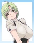  1girl ahoge amano_yo-ki breasts green_eyes green_hair impossible_clothes impossible_shirt large_breasts original parted_lips shirt short_hair solo suspenders turtleneck upper_body 