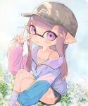  1girl :o artist_name bad_id bad_twitter_id bangs baseball_cap black_shorts blue_flower blue_sky blunt_bangs blunt_ends camisole commentary day dolphin_shorts domino_mask ear_piercing earrings eyebrows_visible_through_hair flower grey_hair grey_headwear grey_legwear grey_shirt hat highres inkling jacket jewelry long_hair long_sleeves looking_at_viewer loose_socks mask multicolored multicolored_clothes multicolored_jacket off_shoulder outdoors parted_lips piercing pioxpioo pointy_ears purple_eyes recolored shirt short_shorts shorts signature sitting sky sleeves_past_wrists solo splatoon_(series) stud_earrings tentacle_hair track_jacket ume_(plumblossom) v zipper 