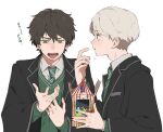  2boys albus_severus_potter bad_link black_hair black_robe blonde_hair blue_eyes candy disgust eating food frown green_eyes harry_potter_(series) harry_potter_and_the_cursed_child hogwarts_school_uniform jelly_bean multiple_boys necktie school_uniform scorpius_malfoy short_hair slytherin striped_necktie sweater 