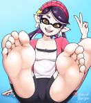  2021 5_fingers 5_toes animal_humanoid barefoot beauty_mark breasts callie_(splatoon) camel_toe cephalopod cephalopod_humanoid clothing ear_piercing ear_ring fangs feet female fingers foot_focus gesture hat headgear headwear humanoid humanoid_feet humanoid_pointy_ears inkling lewdsaiga marine marine_humanoid mollusk mollusk_humanoid nintendo open_mouth open_smile piercing signature simple_background smile soles solo splatoon toes tongue v_sign video_games 