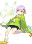  1girl bangs black_shorts coffeekite fate/extra fate/extra_ccc fate/extra_ccc_fox_tail fate_(series) flower green_kimono hair_ribbon highres japanese_clothes kazuradrop_(fate) kimono long_sleeves looking_at_viewer purple_eyes purple_hair ribbon short_hair short_kimono shorts sitting socks tassel wide_sleeves yellow_ribbon 