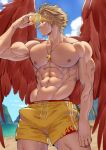  1boy abs absurdres alternate_costume alternate_pectoral_size bara bare_pectorals beach blonde_hair boku_no_hero_academia bulge cowboy_shot facial_hair feathered_wings hawks_(boku_no_hero_academia) highres large_pectorals lifeguard male_focus male_swimwear mature_male muscular muscular_male navel nipples outdoors pectorals red_wings short_hair solo stomach stubble suyobara swim_briefs swimwear thick_thighs thighs water whistle whistle_around_neck wings yellow_male_swimwear 