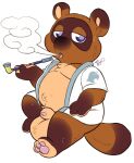  animal_crossing anthro balls big_balls blue_eyes bottomless canid canine clothed clothing flaccid foreskin genitals hi_res male mammal mostly_nude navel nintendo outie_navel pawpads penis pipe raccoon_dog smoking solo tanuki tbid tom_nook_(animal_crossing) video_games 