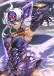  1girl armpits ayamo_kaoru blue_eyes breasts dark_skin elbow_gloves glasses gloves highres large_breasts long_hair solo t-elos t-elos_re: white_hair xenoblade_chronicles_(series) xenoblade_chronicles_2 xenosaga 