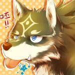  ! 2017 blue_eyes canid canine canis feral fur half-closed_eyes japanese_text link_(wolf_form) male mammal markings narrowed_eyes natsub_bkoge nintendo solo teeth text the_legend_of_zelda tongue tongue_out video_games wolf 