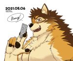  anthro barrel_(live-a-hero) canid canine canis condom english_text fur hi_res live-a-hero looking_at_viewer male mammal multicolored_body multicolored_fur muscular muscular_anthro muscular_male pecs rotsw sexual_barrier_device solo text wolf 