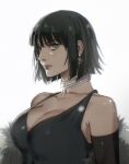  1girl black_dress black_hair bob_cut breasts cleavage dress earrings elbow_gloves evening_gown fubuki_(one-punch_man) fur_coat gloves green_eyes highres jewelry large_breasts one-punch_man simple_background sleeveless sleeveless_dress solo thisuserisalive upper_body white_background 