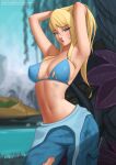  1girl :o aqua_bikini armpits arms_up bangs bikini blonde_hair blue_eyes blurry breasts bruise cleavage covered_nipples day deilan12 english_commentary hands_in_hair highres injury large_breasts long_hair looking_at_viewer metroid navel outdoors samus_aran smoke solo stomach swimsuit torn_clothes upper_teeth watermark web_address wrench 