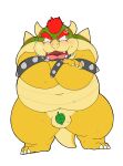  2021 96panda angry anthro balls belly blush bodily_fluids bowser cute_fangs genitals hi_res humanoid_hands kemono koopa leaf male mario_bros navel nintendo overweight overweight_anthro overweight_male scalie simple_background solo sweat tears video_games white_background 