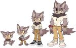  1boy age_progression animal_ears animal_nose bangle barefoot blush book bow bowtie bracelet brown_pants character_sheet claws closed_mouth collared_shirt commentary english_commentary full_body furry highres holding holding_book jewelry kaijumilk looking_at_viewer male_focus multicolored_hair multiple_views original pants paws red_eyes shirt shoes short_eyebrows short_sleeves simple_background single_earring smile sneakers standing tail thick_eyebrows two-tone_hair vest white_background white_shirt 