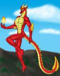  4_toes 5_fingers anthro asian_mythology blonde_hair cloud dragon east_asian_mythology eastern_dragon elemental_manipulation facial_hair feet fingers fire fire_manipulation flying goatee hair hi_res horn humanoid_feet long_tail male mountain muscular muscular_anthro muscular_male mythology red_body red_scales scales solo toes vjmorales 