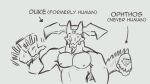  1_eye 3_eyes anthro belly biceps chin_spikes claws demon duke_and_ophthos_(papyreit) facial_spikes gesture horn living_tail looking_at_viewer male multi_eye musclegut muscular muscular_anthro muscular_male overweight overweight_anthro overweight_male papyreit pecs slightly_chubby smile smiling_at_viewer solo spikes spikes_(anatomy) text waving 