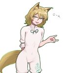  1girl animal_ear_fluff animal_ears arm_behind_back blonde_hair blush_stickers covered_navel cowboy_shot eyebrows_visible_through_hair flat_chest fox_ears fox_shadow_puppet fox_tail green_outline green_ribbon highres kudamaki_tsukasa looking_at_viewer mata_(matasoup) medium_hair open_mouth outline ribbon romper short_sleeves simple_background solo tail taut_clothes touhou white_background white_jumpsuit yellow_eyes 