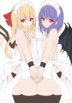 .me 2girls :/ alternate_costume apron ass bangs bare_shoulders bat_wings black_legwear blonde_hair breast_press breasts closed_mouth commentary_request crystal enmaided eyebrows_visible_through_hair flandre_scarlet flat_color hand_up highres holding_hands interlocked_fingers long_hair looking_at_viewer maid maid_headdress medium_breasts medium_hair multiple_girls naked_apron one_side_up purple_hair red_eyes remilia_scarlet siblings sisters smile symmetrical_docking thighhighs touhou v white_background wings work_in_progress wrist_cuffs 