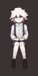  1boy bangs black_background black_footwear black_shorts breast_pocket child closed_mouth collared_shirt commentary_request danganronpa_(series) danganronpa_2:_goodbye_despair eyebrows_visible_through_hair full_body grey_eyes highres invisible_chair komaeda_nagito long_sleeves looking_at_viewer male_focus pocket shirt shoes shorts simple_background sitting socks solo suspender_shorts suspenders tetose white_hair white_legwear white_shirt younger 