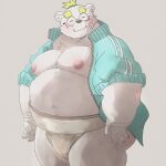  2021 anthro asian_clothing belly blonde_hair clothing dumdum east_asian_clothing eyes_closed eyewear fur glasses hair hi_res japanese_clothing kemono male mammal mawashi moobs nipples overweight overweight_anthro overweight_male simple_background solo sumo ursid white_body white_fur 